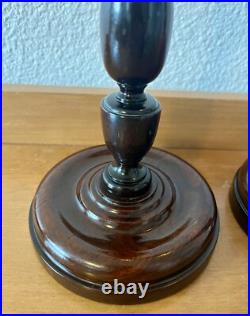 Pair of antique vintage English mahogany art nouveau turned candlesticks