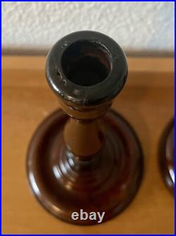 Pair of antique vintage English mahogany art nouveau turned candlesticks