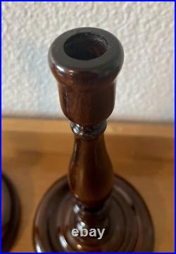 Pair of antique vintage English mahogany art nouveau turned candlesticks