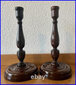 Pair of antique vintage English mahogany art nouveau turned candlesticks