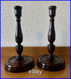 Pair of antique vintage English mahogany art nouveau turned candlesticks