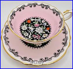 Paragon Pink Wedding Bells Cup & Saucer Black Hand Painted Floral Vintage Teacup