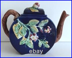 Pretty/Old Majolica English Cobalt Teapot with Wild Rose, Ca 1880 Nice Condition