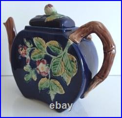 Pretty/Old Majolica English Cobalt Teapot with Wild Rose, Ca 1880 Nice Condition