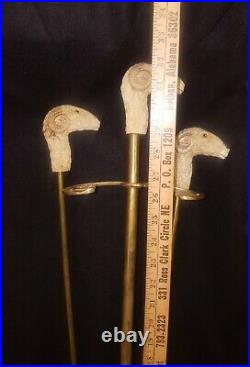 RARE! Vintage Late 1800's English Ram's Head Brass Fireplace Tool Set 4 Pieces