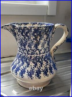 Rare Antique Vintage English C19th Blue And White Sponge Ware Vase Jug