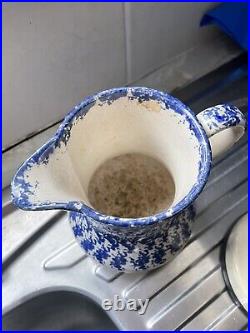 Rare Antique Vintage English C19th Blue And White Sponge Ware Vase Jug