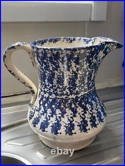 Rare Antique Vintage English C19th Blue And White Sponge Ware Vase Jug