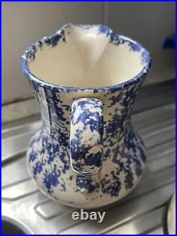 Rare Antique Vintage English C19th Blue And White Sponge Ware Vase Jug