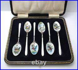 Rare Vintage Bird/Duck Enamel English Sterling Silver Tea Coffee Spoons Case Set