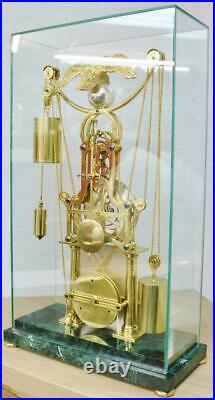 Rare Vintage English Weight Driven Skeleton Clock With Thermometer & Glass Case