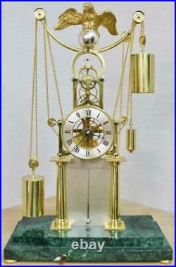 Rare Vintage English Weight Driven Skeleton Clock With Thermometer & Glass Case
