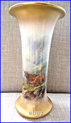 Royal Worcester Antique Vintage Trumpet shape Vase Harry Stinton Highland Cattle