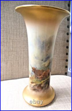 Royal Worcester Antique Vintage Trumpet shape Vase Harry Stinton Highland Cattle