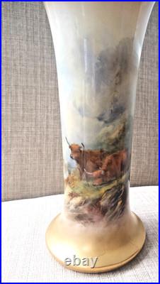 Royal Worcester Antique Vintage Trumpet shape Vase Harry Stinton Highland Cattle