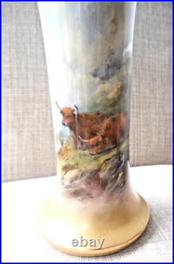 Royal Worcester Antique Vintage Trumpet shape Vase Harry Stinton Highland Cattle