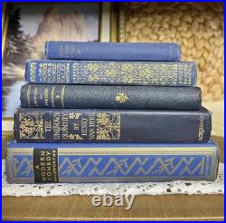 Set Of 5 Blue & Gold Antique Vintage Books Ornate Late 1800s 1940s Decor