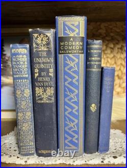 Set Of 5 Blue & Gold Antique Vintage Books Ornate Late 1800s 1940s Decor