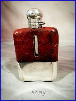 Silver Hip Flask Antique Edwardian Vintage English crocodile James Dixon c1920