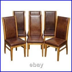 Six Vintage English Oak & Heritage Brown Leather Halo High Back Dining Chairs