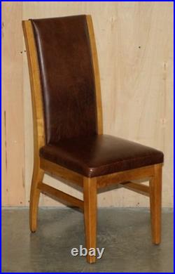 Six Vintage English Oak & Heritage Brown Leather Halo High Back Dining Chairs