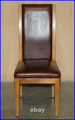 Six Vintage English Oak & Heritage Brown Leather Halo High Back Dining Chairs