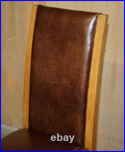 Six Vintage English Oak & Heritage Brown Leather Halo High Back Dining Chairs