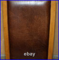Six Vintage English Oak & Heritage Brown Leather Halo High Back Dining Chairs