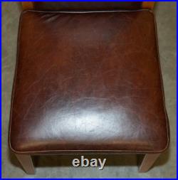 Six Vintage English Oak & Heritage Brown Leather Halo High Back Dining Chairs