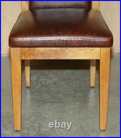 Six Vintage English Oak & Heritage Brown Leather Halo High Back Dining Chairs