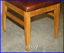 Six Vintage English Oak & Heritage Brown Leather Halo High Back Dining Chairs