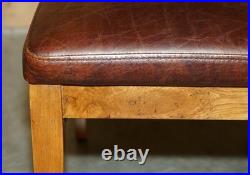 Six Vintage English Oak & Heritage Brown Leather Halo High Back Dining Chairs