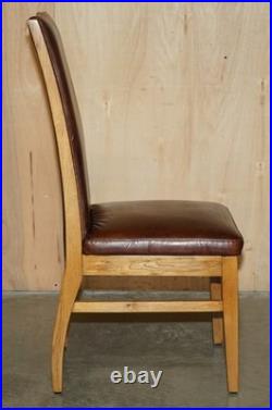 Six Vintage English Oak & Heritage Brown Leather Halo High Back Dining Chairs