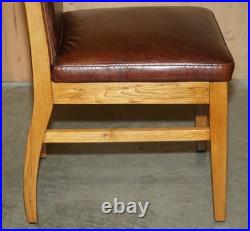 Six Vintage English Oak & Heritage Brown Leather Halo High Back Dining Chairs