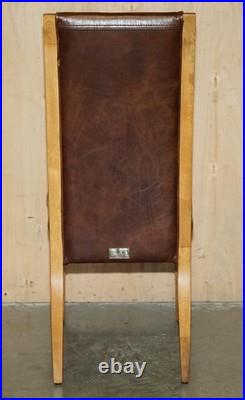 Six Vintage English Oak & Heritage Brown Leather Halo High Back Dining Chairs