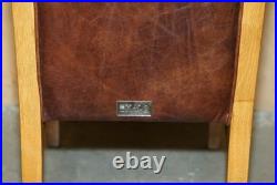 Six Vintage English Oak & Heritage Brown Leather Halo High Back Dining Chairs