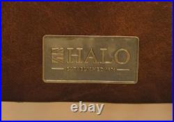 Six Vintage English Oak & Heritage Brown Leather Halo High Back Dining Chairs