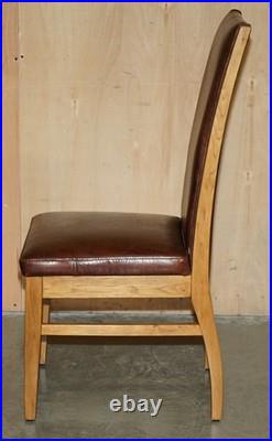 Six Vintage English Oak & Heritage Brown Leather Halo High Back Dining Chairs