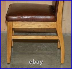 Six Vintage English Oak & Heritage Brown Leather Halo High Back Dining Chairs