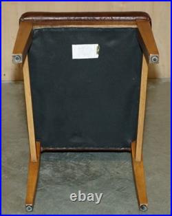 Six Vintage English Oak & Heritage Brown Leather Halo High Back Dining Chairs