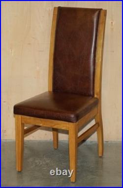 Six Vintage English Oak & Heritage Brown Leather Halo High Back Dining Chairs