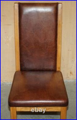 Six Vintage English Oak & Heritage Brown Leather Halo High Back Dining Chairs