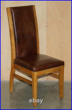 Six Vintage English Oak & Heritage Brown Leather Halo High Back Dining Chairs