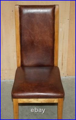 Six Vintage English Oak & Heritage Brown Leather Halo High Back Dining Chairs