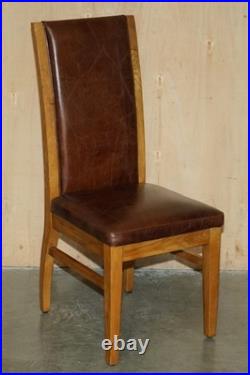 Six Vintage English Oak & Heritage Brown Leather Halo High Back Dining Chairs