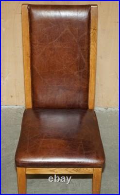 Six Vintage English Oak & Heritage Brown Leather Halo High Back Dining Chairs