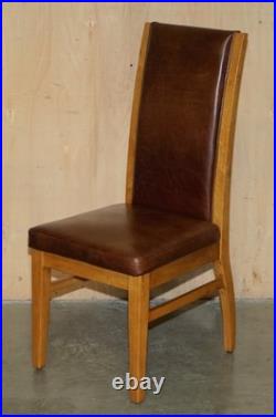 Six Vintage English Oak & Heritage Brown Leather Halo High Back Dining Chairs