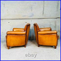 Stunning Pair Of Neat Vintage English Light Tan Leather Armchairs #897
