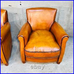 Stunning Pair Of Neat Vintage English Light Tan Leather Armchairs #897