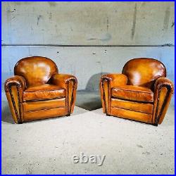 Stunning Pair of Vintage English Tan Leather Club Chairs Classic Design